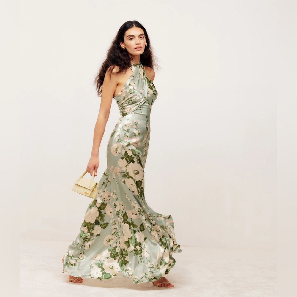 Reformation Veria High Neck Dress in Terragon